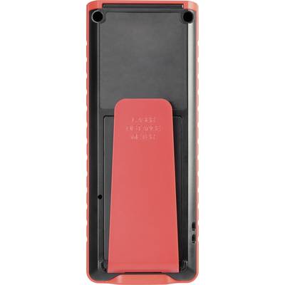Dos d'une télécommande rouge et noire avec un support rétractable.