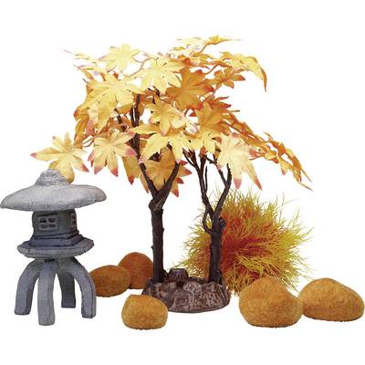 Une petite scène de jardin japonais avec une lanterne de pierre, un érable aux feuilles jaunes, des buissons oranges et des rochers, représentant la tranquillité.
