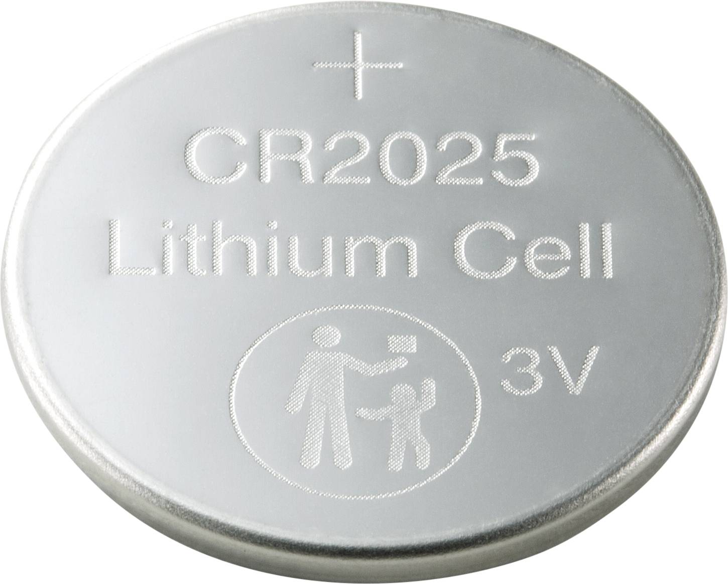 Pile bouton en argent avec l'inscription « CR2025 Lithium Cell 3V ». Pictogramme avertissant du danger d'ingestion par les enfants.