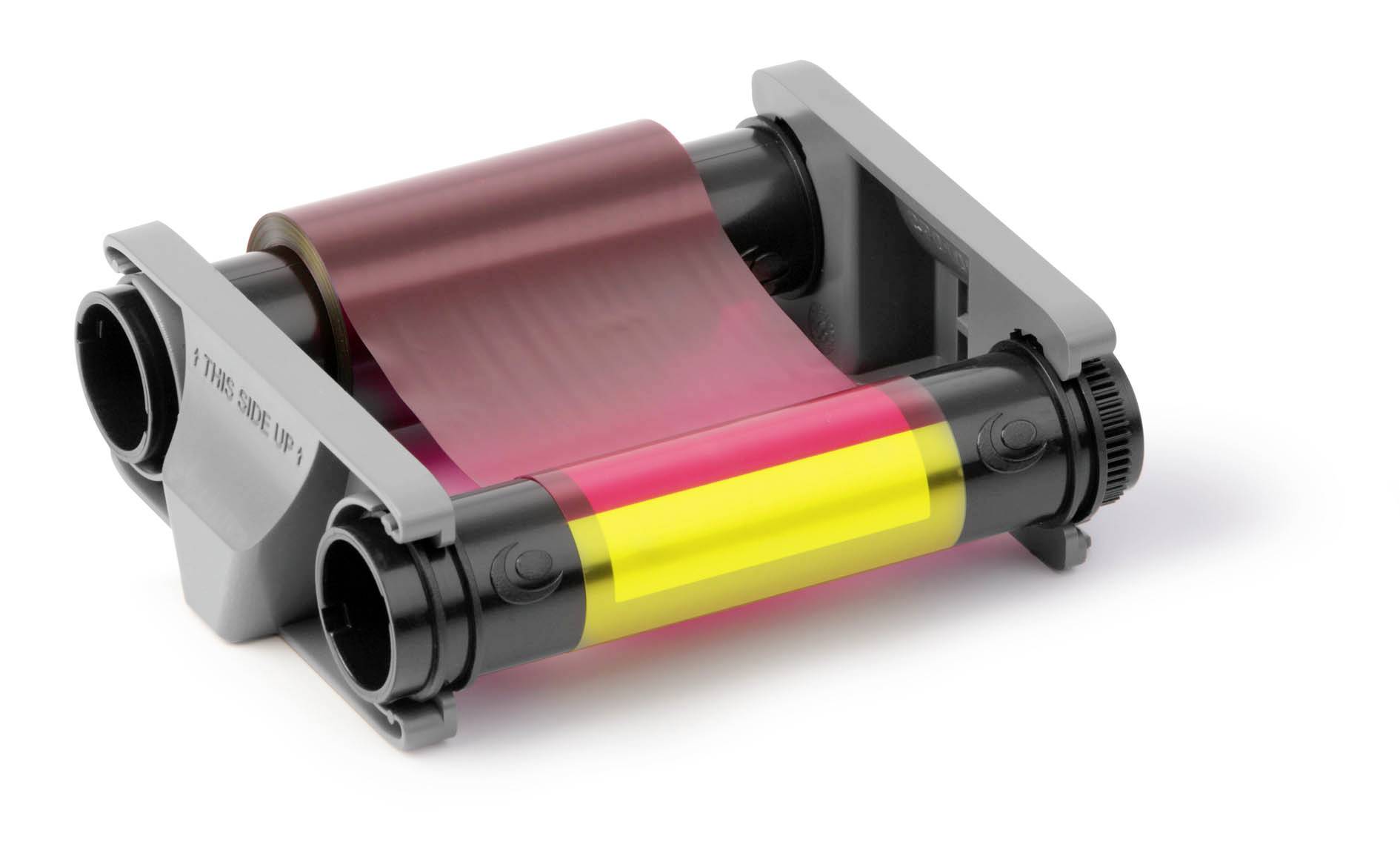 Rendu 3D d'une cartouche de toner d'imprimante couleur avec des tambours de toner magenta et jaune dans un boîtier gris et noir