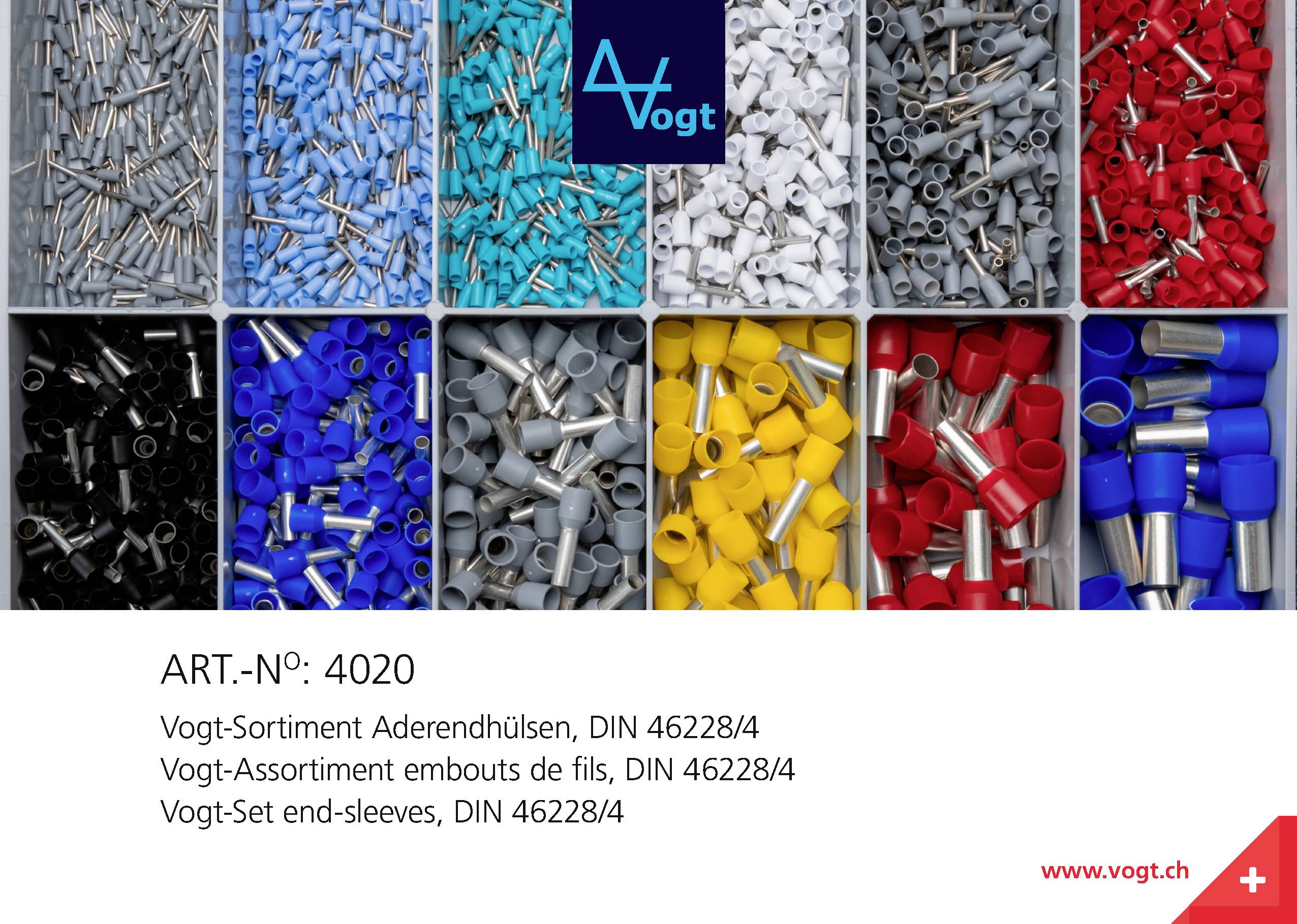 Assortiment de manchons de câble en différentes couleurs et tailles, triés par compartiments, avec le numéro d'article 4020.