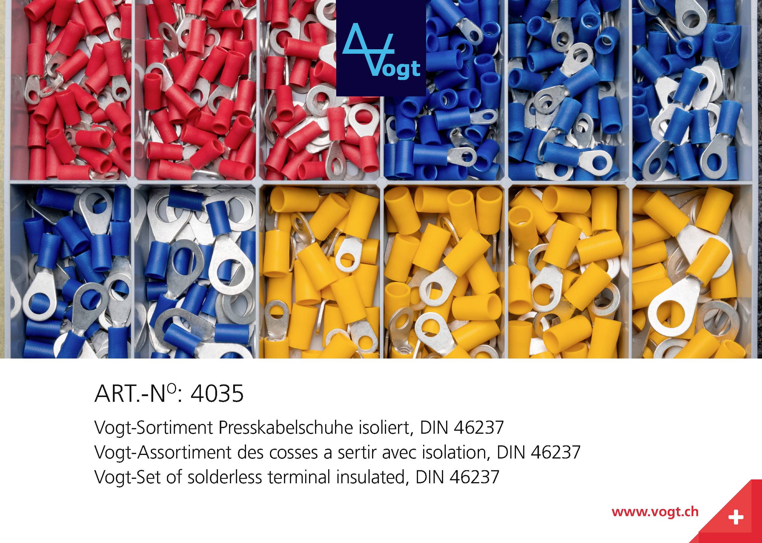 Boîte de cosses de câble isolées triées, en bleu, rouge et jaune. Le texte de présentation décrit les détails du produit et le numéro d'article 4035.