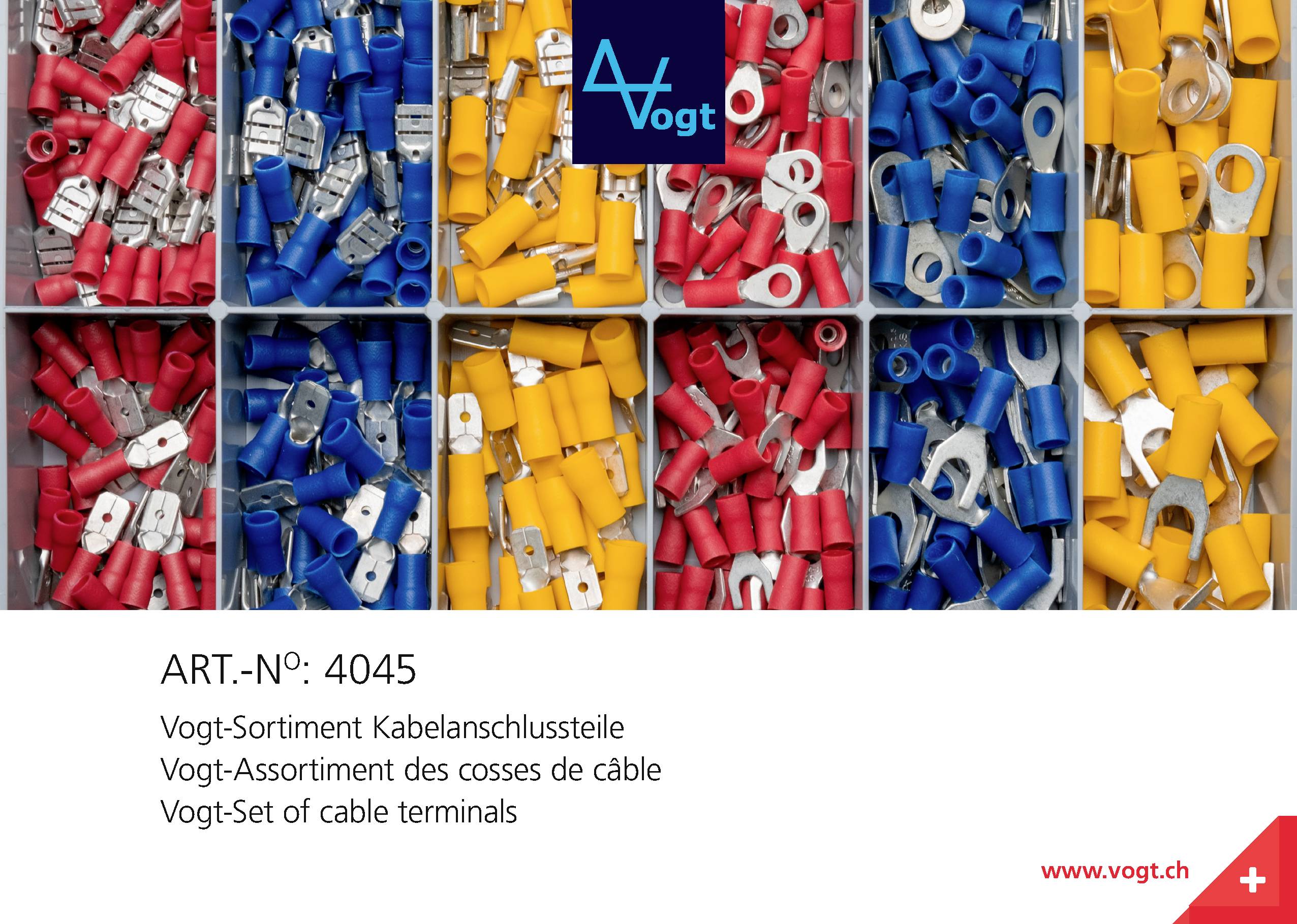 Plusieurs classeurs avec des connecteurs de câbles colorés : rouge, bleu, jaune, argent. Logo Vogt en haut. Numéro d'article 4045 et site web www.vogt.ch en bas.