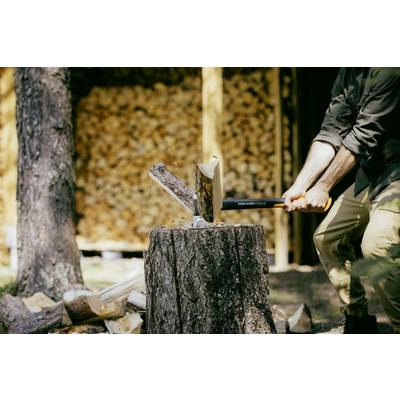Une personne fend du bois avec une hache sur une souche. À l'arrière-plan, on aperçoit une pile de bûches coupées.