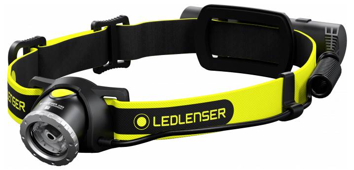 Lampe frontale LEDLENSER noire et jaune avec sangle ajustable et lumière montée à l'avant, présentée sur un fond blanc.