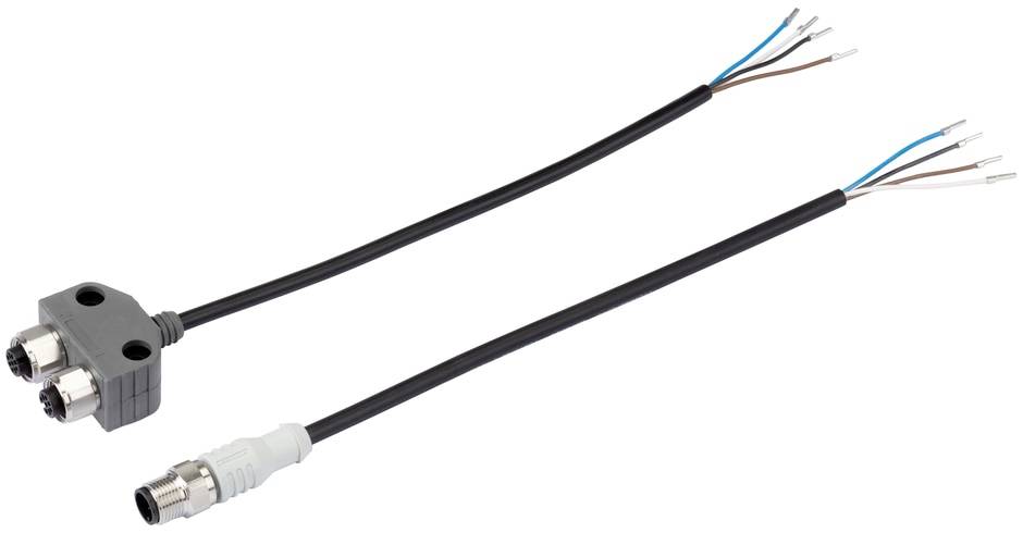 Un câble en Y avec une double fiche à une extrémité et une fiche simple à l'autre, adapté pour les connexions électriques.