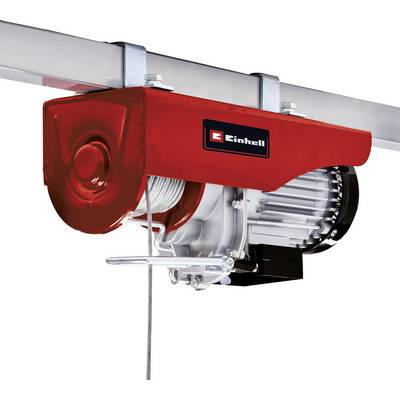 Treuil électrique Einhell rouge avec moteur électrique sur une traverse en acier, pour soulever et tirer des charges.
