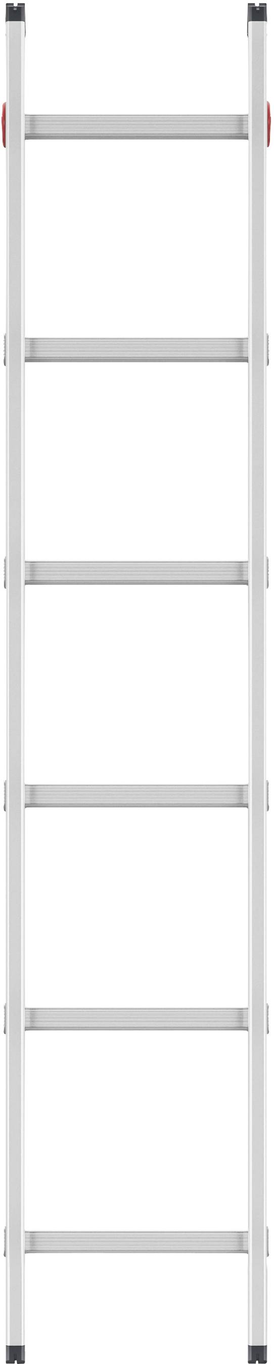 Échelle en aluminium blanc à six échelons avec des embouts rouges, positionnée verticalement.