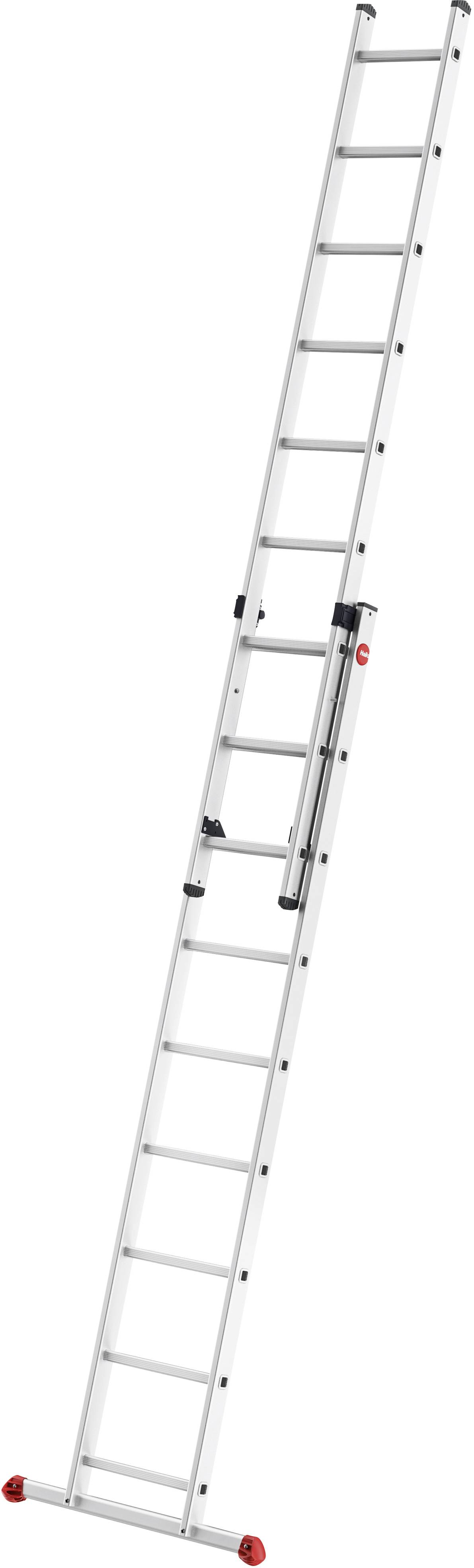 Échelle en aluminium argentée avec des embouts en caoutchouc rouge, déployée et positionnée en angle. Adaptée aux travaux en hauteur.
