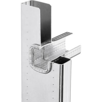 Un porteur métallique avec une vue en coupe, montrant un canal rectangulaire creux avec un élément en L fixé.
