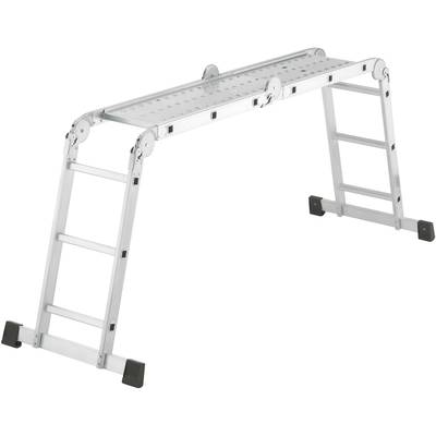 Échelle télescopique en aluminium, dressée en plateforme, avec quatre segments de jambes et des embouts en caoutchouc antidérapants.