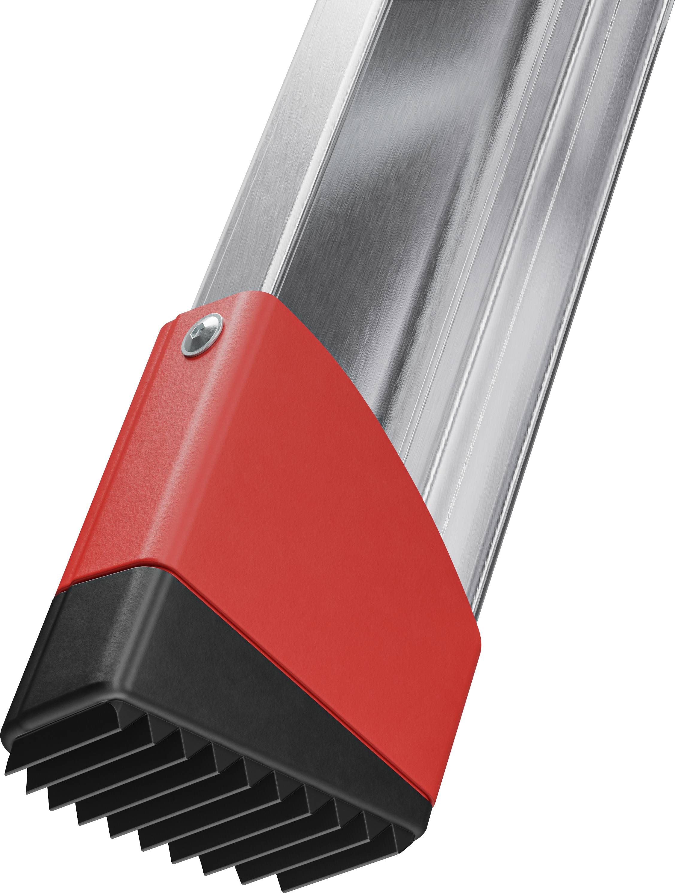 Un profilé en aluminium argenté avec embout de fermeture en plastique rouge et noir.