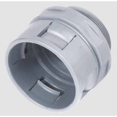 Raccord en plastique gris avec filetage et verrouillages visibles, adapté aux applications sanitaires ou électriques.