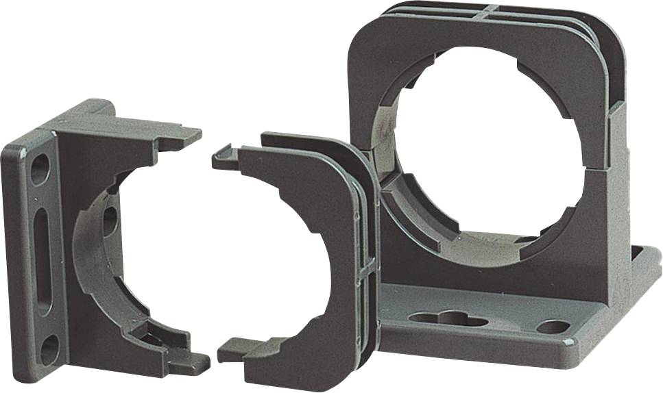 Un support de câble coudé en trois parties : base, demi-coque supérieure et inférieure en plastique noir. Conçu pour la fixation de câbles.