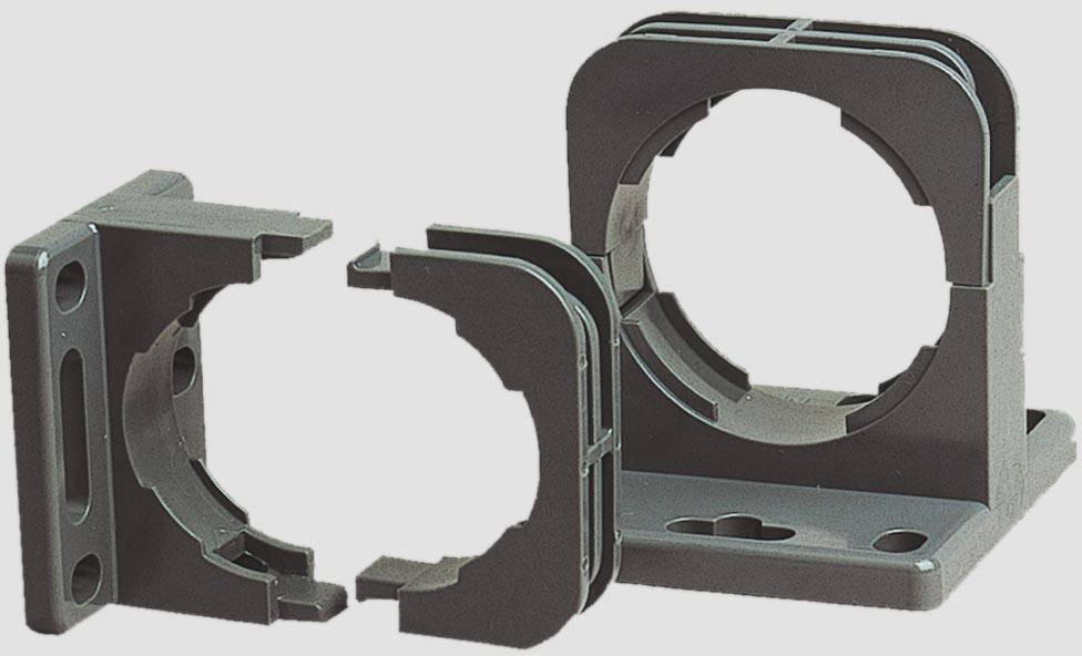 Illustration de colliers de câbles gris avec deux supports dans différentes positions, montrant la conception et les fonctions des colliers.