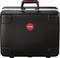 Valise rigide noire avec des touches rouges et un logo rouge central portant l'inscription 'PARAT'. Poignée de transport sur le dessus.