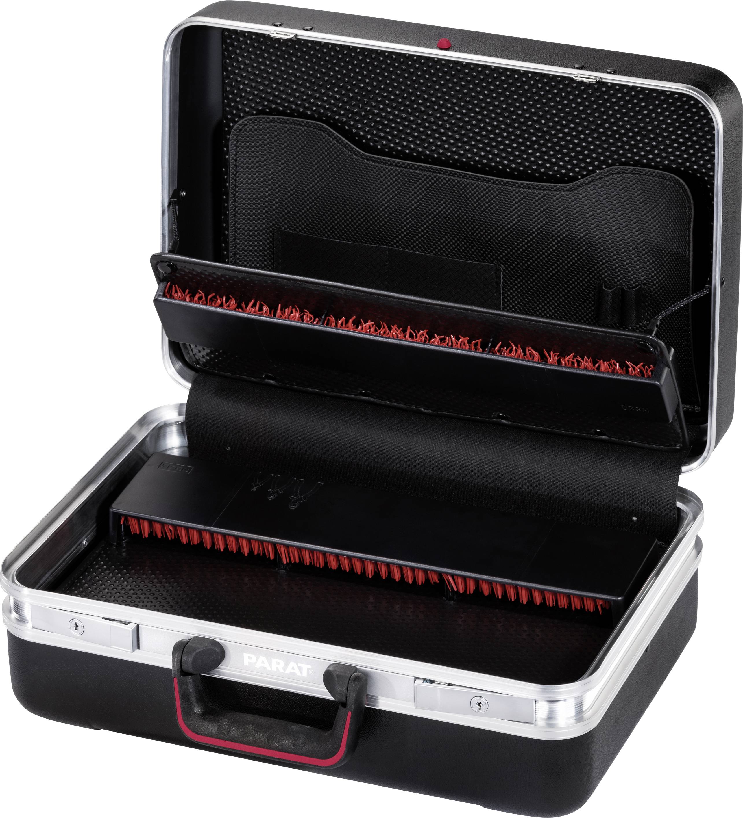 Une mallette à outils noire ouverte avec un doublure intérieure rouge, plusieurs compartiments et des boucles élastiques pour l'organisation des outils.