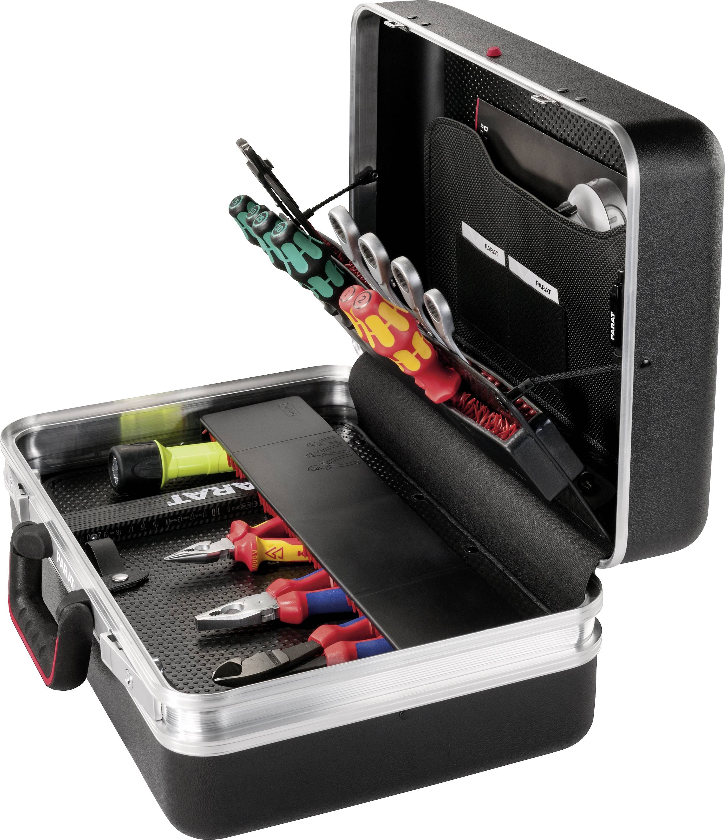 Une mallette à outils ouverte avec des emplacements pour tournevis, pinces et petits outils. Comprend également des marqueurs et des bobines de câble.