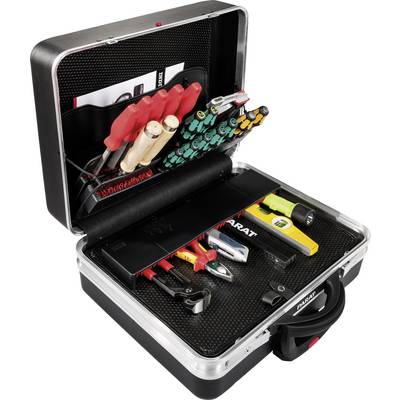 Boîte à outils contenant différents tournevis, pinces et instruments de mesure. La mallette est ouverte et présente des outils soigneusement rangés.