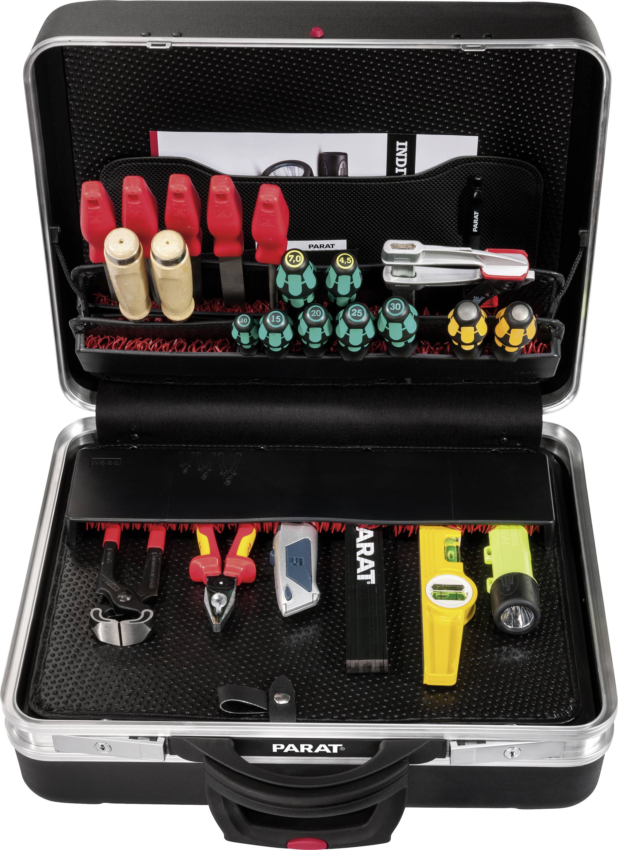 Boîte à outils contenant divers instruments tels que tournevis, marteau et pince. Tous les outils sont soigneusement rangés dans des pochettes.