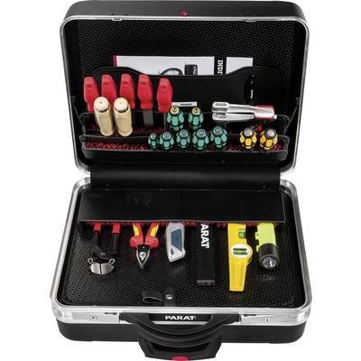 Boîte à outils contenant divers instruments tels que tournevis, marteau et pince. Tous les outils sont soigneusement rangés dans des pochettes.