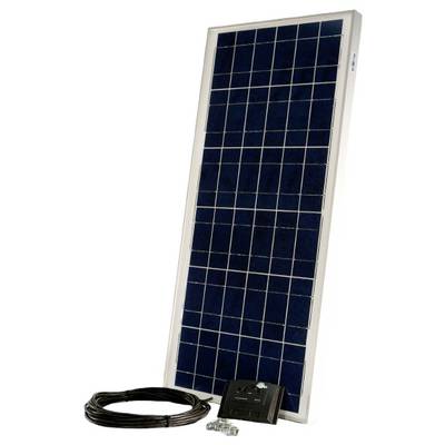 Kit de module solaire comprenant un panneau solaire rectangulaire, des câbles, des vis de montage et un petit panneau de contrôle permettant la gestion de l'énergie.