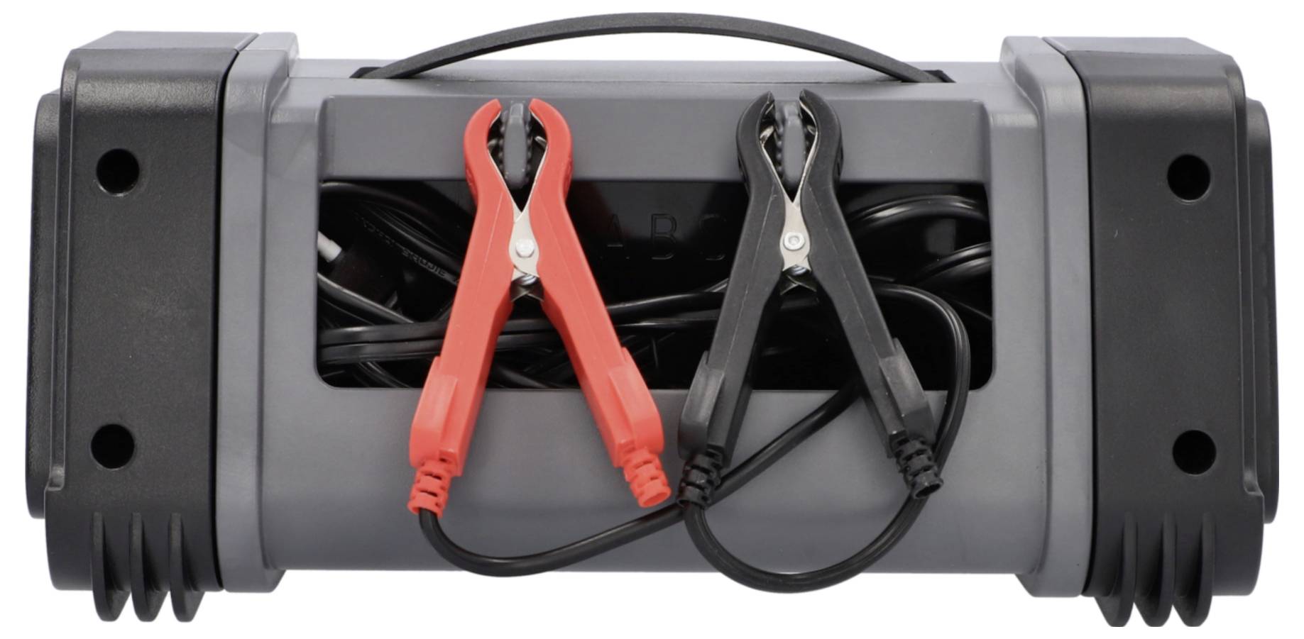 Un démarreur de batterie portatif avec câbles de démarrage rouges et noirs attachés.