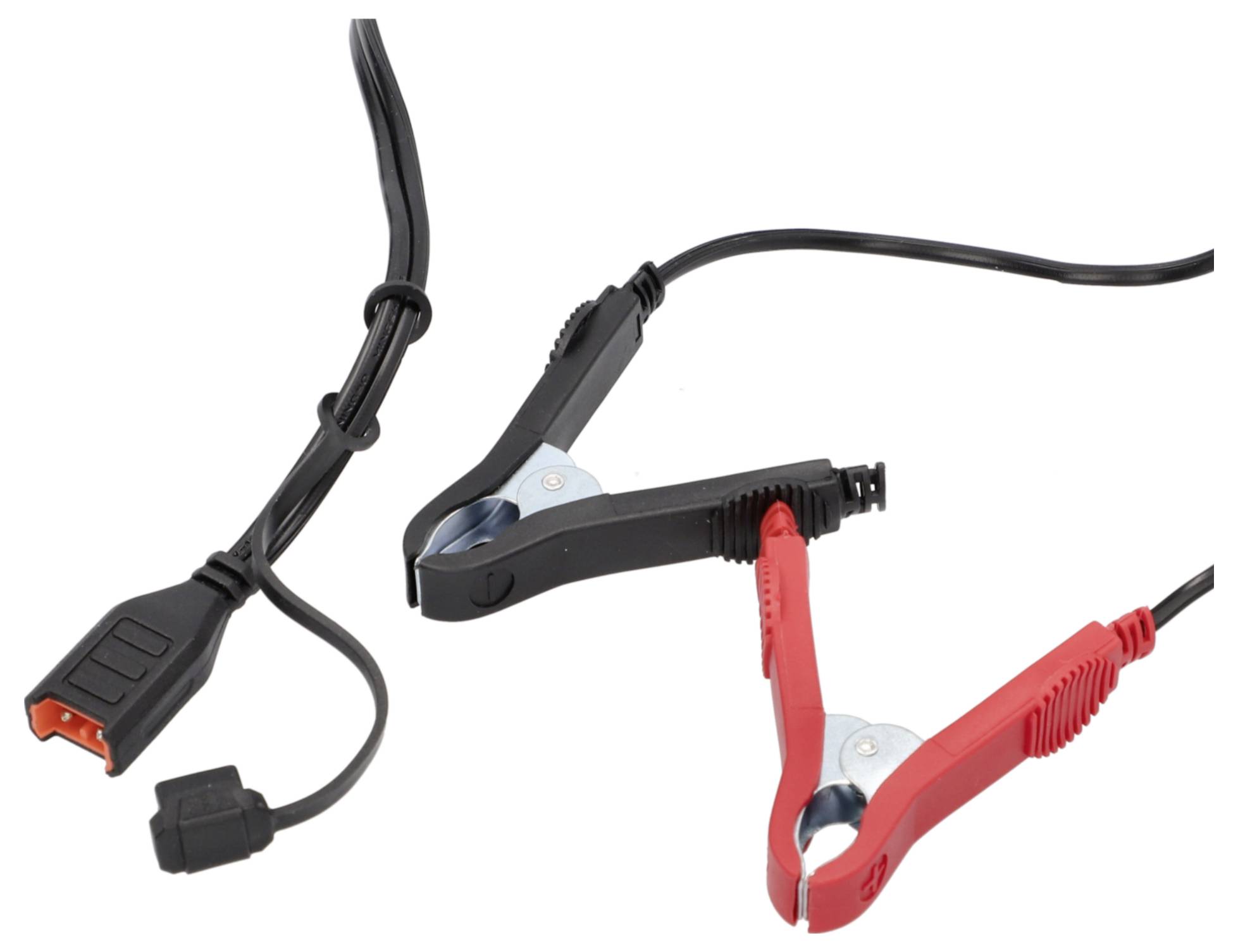Câbles de démarrage pour batterie avec pinces rouges et noires, connectés à un cordon d'alimentation noir.