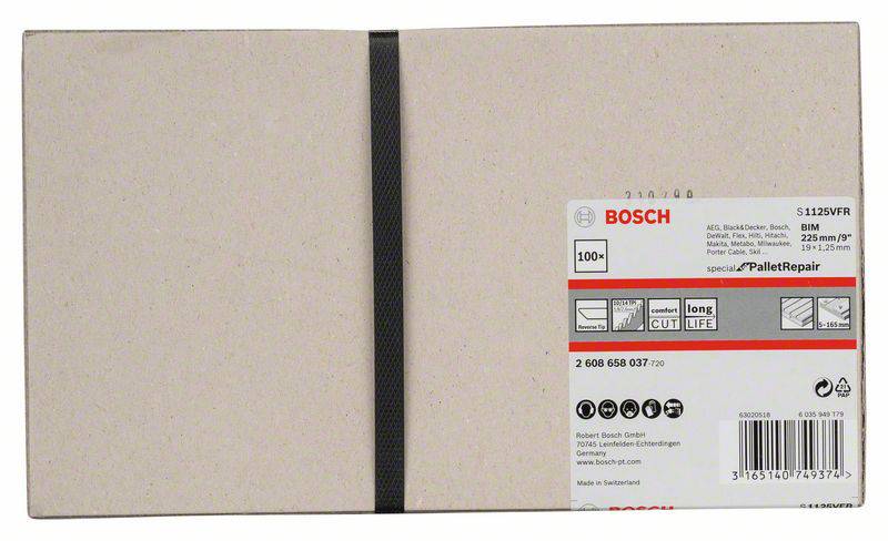 Ensemble de papier de verre Bosch 'S 123X FF' avec 100 feuilles pour le travail du bois et des métaux, dimensions 225x112 mm. Comprend des feuilles spéciales de réparation de palettes.