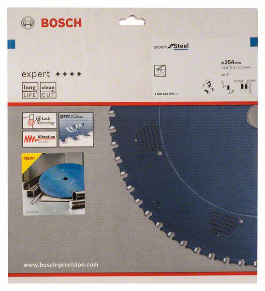 Emballage d'une lame de scie circulaire Bosch 'expert for Steel' de 254 mm de diamètre. Contient des symboles indiquant la durée de vie et le contrôle des vibrations.