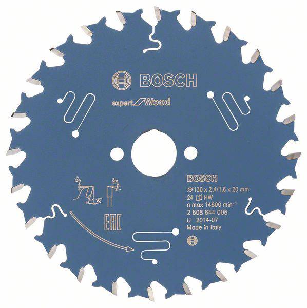 Lame de scie circulaire pour bois, marquée avec logo, 24 dents, diamètre 130 mm, vitesse de rotation maximale de 14 600 tr/min, fabriquée en Italie.