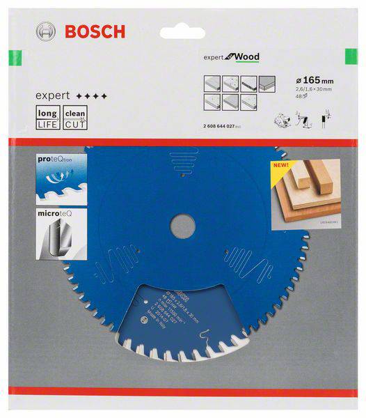 Lame de scie Bosch bleue, diamètre 165 mm, pour coupes de bois. L'emballage met en avant la durabilité et la précision de coupe.