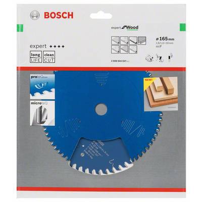 Lame de scie Bosch bleue, diamètre 165 mm, pour coupes de bois. L'emballage met en avant la durabilité et la précision de coupe.