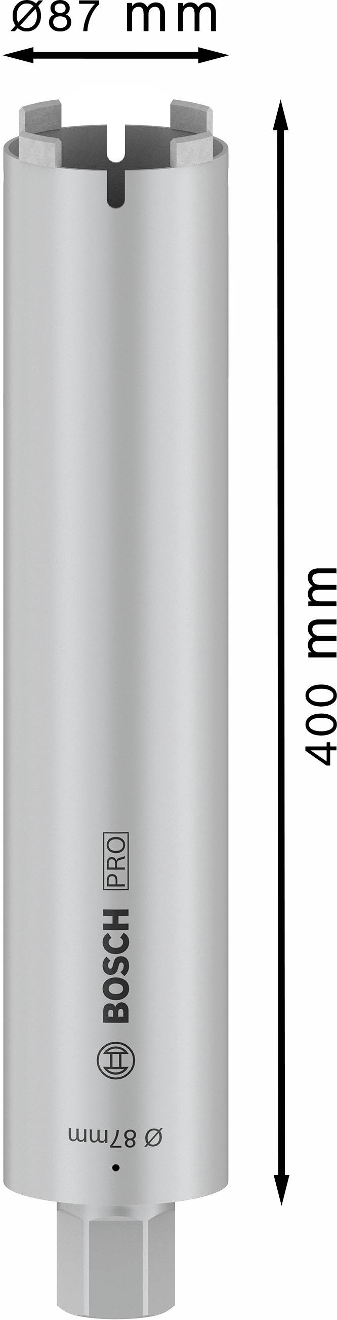 Couronne de forage Bosch Pro, diamètre 87 mm, longueur 400 mm, forme cylindrique, couleur argentée, adaptée aux travaux de perçage professionnels.