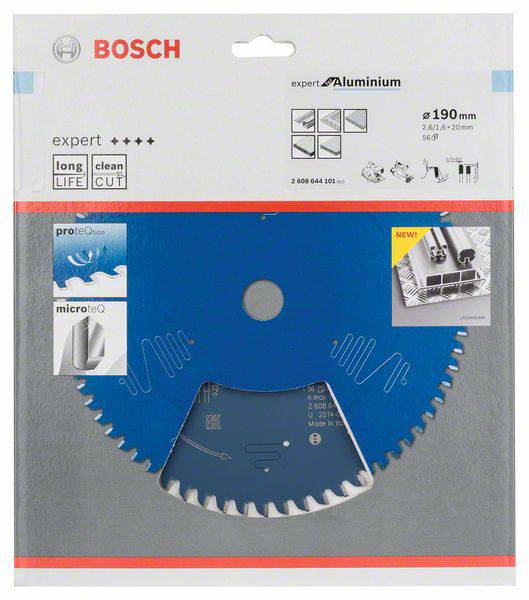 Emballage d'une lame de scie circulaire Bosch 'Expert Aluminium' de 190 mm de diamètre, adaptée pour des coupes précises dans l'aluminium.