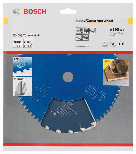 Lame de scie circulaire Bosch Expert pour bois, diamètre 190 mm, revêtement bleu, dents spéciales pour des coupes précises et nettes.