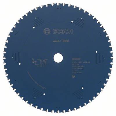 Lame de scie circulaire Bosch, bleue, avec plusieurs dents. Les marquages indiquent la marque, les détails du produit et les instructions d'utilisation.
