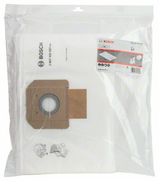 Sac d'aspirateur Bosch dans un emballage transparent avec une étiquette indiquant la compatibilité et les détails techniques.