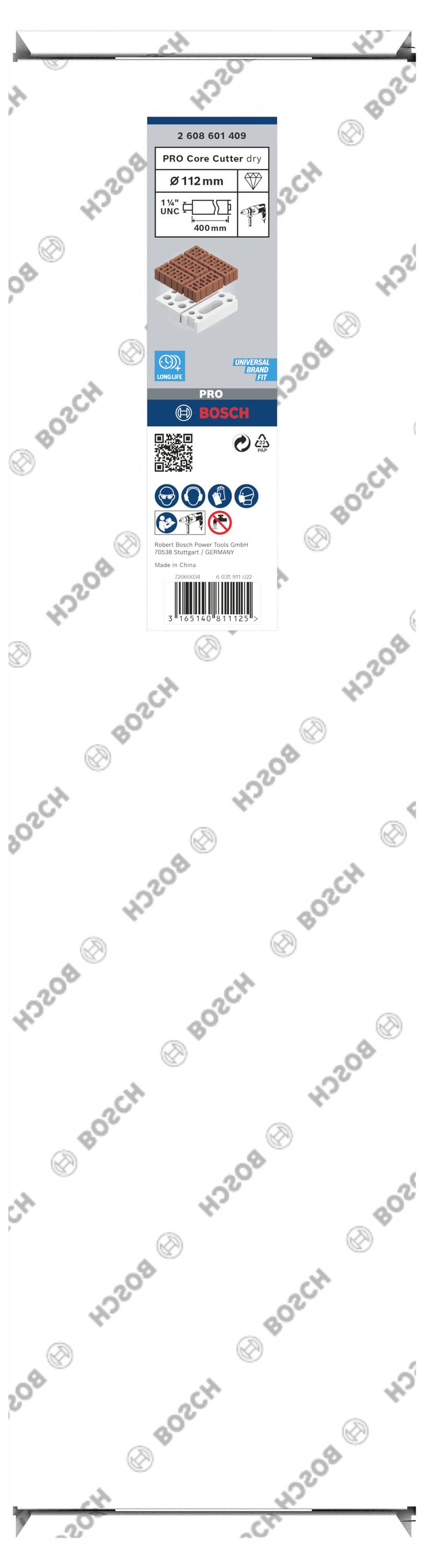 Étiquette 'Multiconstruction-Foret de maçonnerie' avec symbole de foret, taille 6x150x100 mm, utilisé pour béton, maçonnerie, carrelage. Logo Bosch en haut.