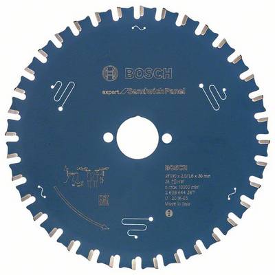 Lame de scie circulaire avec dents bleues, nom de marque et spécifications techniques imprimés. Modèle adapté aux panneaux sandwichs.