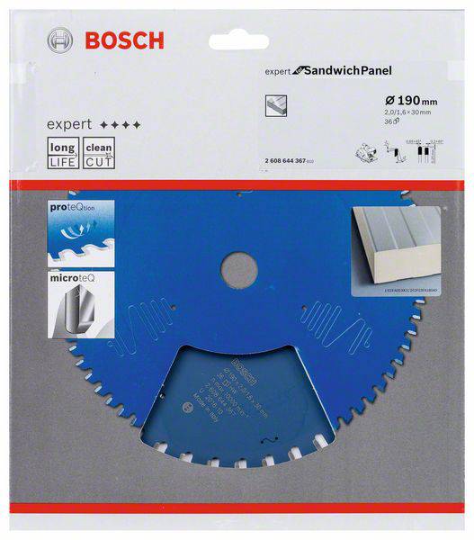 Une scie circulaire Bosch dans un boîtier bleu, adaptée aux panneaux sandwich. Diamètre 190 mm, coupe 'clean cut', avec une image des dents de la scie.
