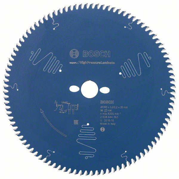 Une lame de scie circulaire bleue de Bosch portant l'inscription 'High Pressure Laminate', adaptée pour une coupe précise.