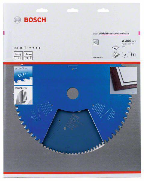 Une lame de scie circulaire Bosch pour stratifiés haute pression, de 300 mm de diamètre, avec micro-denture pour une coupe précise et une longue durée de vie.