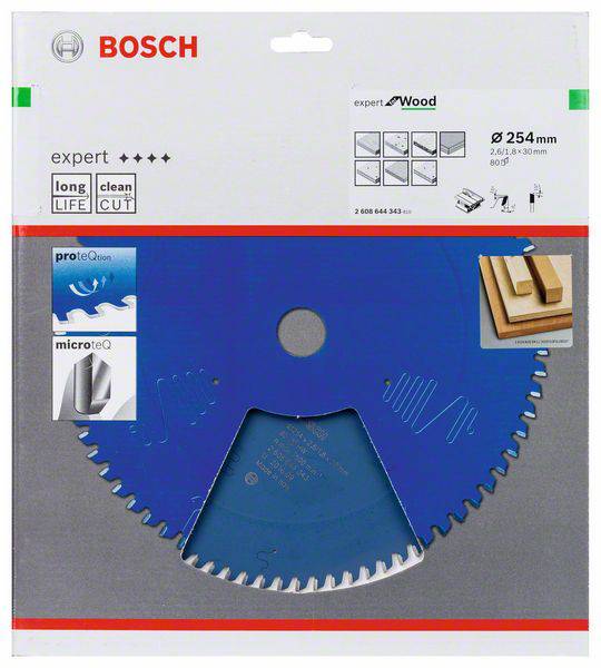Emballage de lame de scie Bosch bleue, 'expert for Wood', diamètre de 254 mm, coupe nette, conçue pour la durabilité.