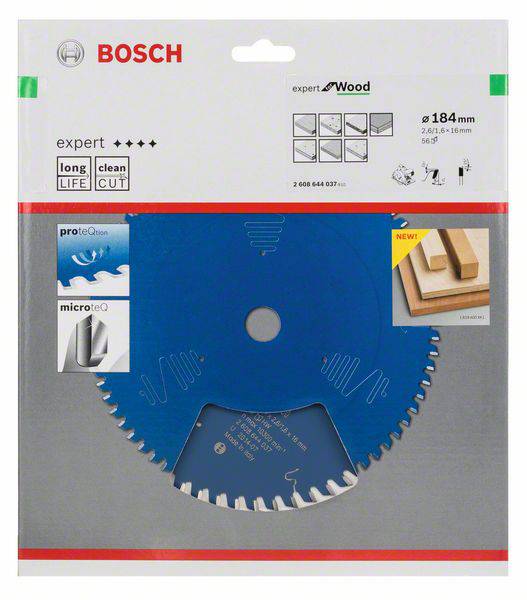 Lame de scie circulaire Bosch de 184 mm, expert pour le bois, durable, coupe nette, couche de protection bleue, emballage avec dessins techniques.