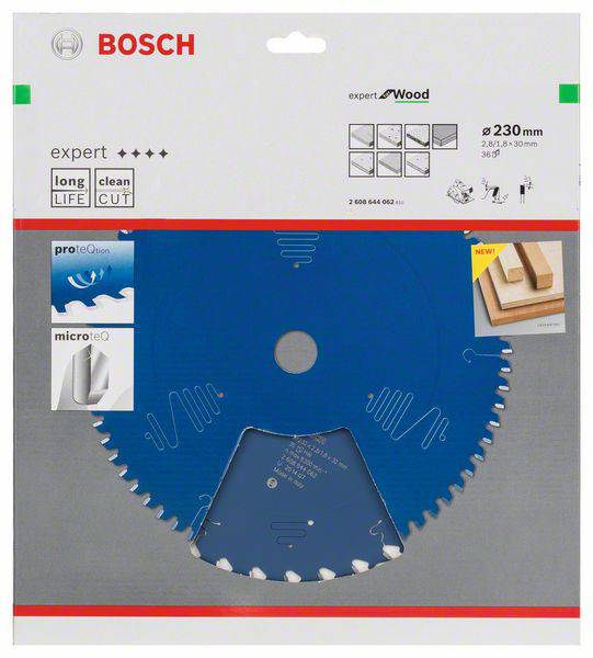 'Lame de scie circulaire Bosch ; adaptée pour le bois ; diamètre 230 mm ; qualité Expert ; longue durée de vie et coupe nette.'