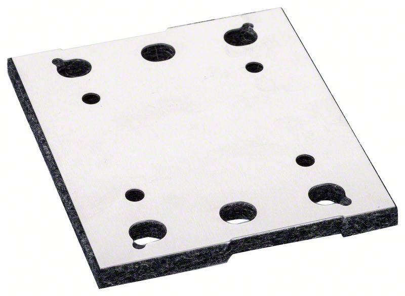 Plaque métallique percée de plusieurs trous ronds, aux angles arrondis, fixée sur une base plate et sombre.