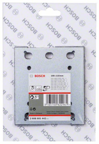 Plateau de ponçage 100x110mm de Bosch, compatible avec GSS 140 A, GSS 160-1 A/AE, PSS 250 AE. L'emballage indique les informations du fabricant et du produit.