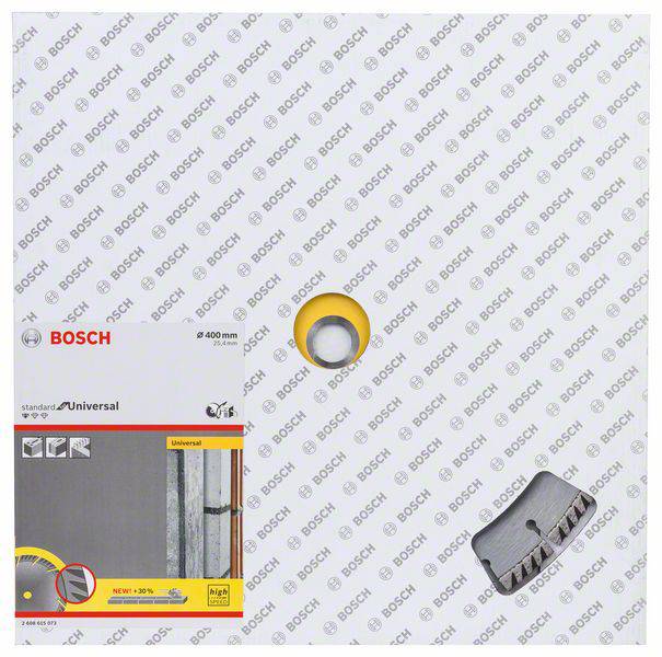 Emballage d'un disque de coupe universel Bosch avec image du disque. Adapté pour couper le béton et la pierre, diamètre 400 mm.