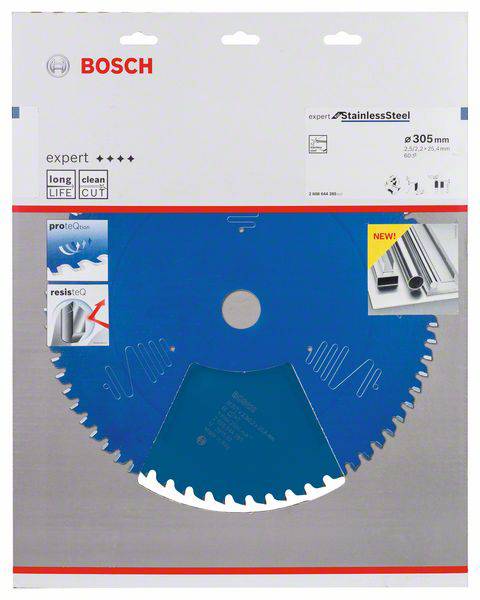 Une scie sabre bleue de Bosch, adaptée à l'acier inoxydable, avec des illustrations d'utilisation et des informations sur sa longue durée de vie.